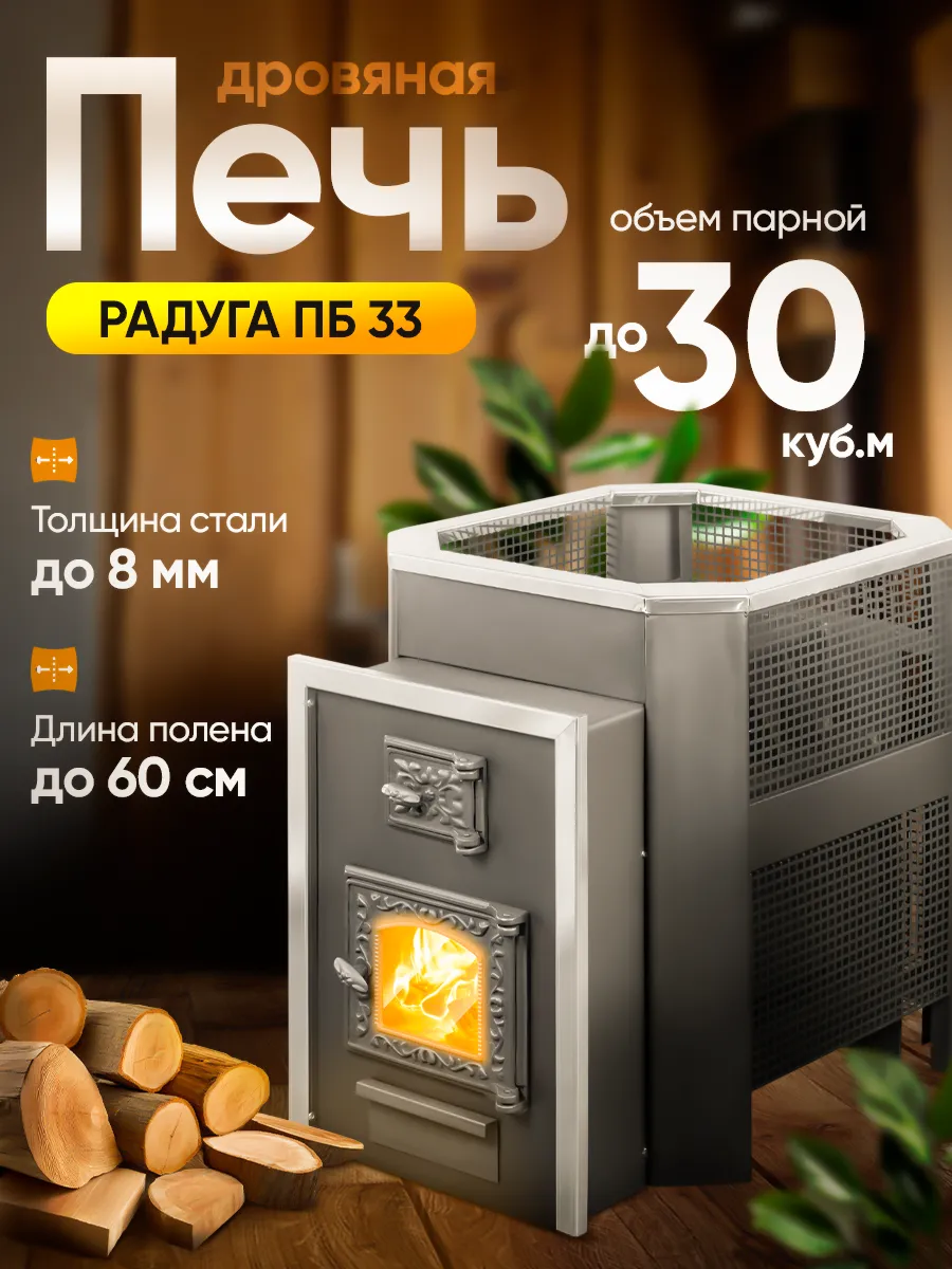 Печь банная дровяная ПБ-33 (8 мм) со стеклом