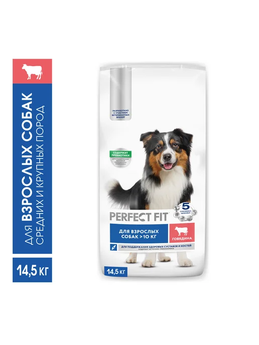 Сухой корм PERFECT FIT для собак, крупные, средние, говядина, 14,5 кг