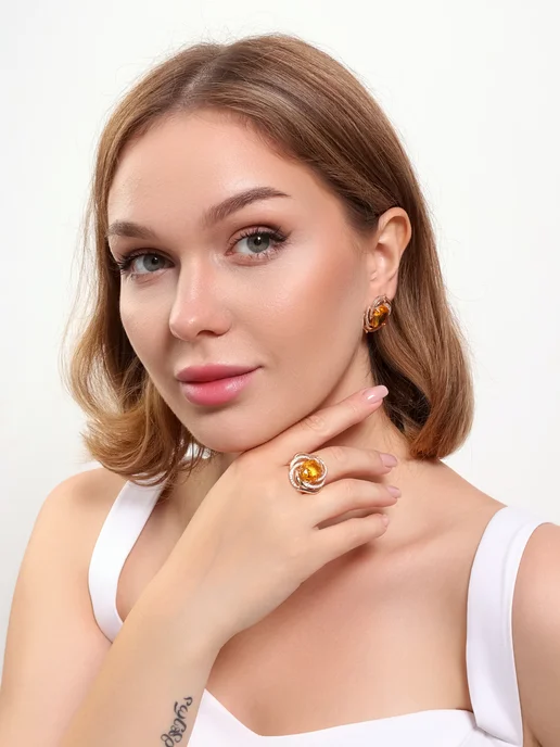 ZLATTO Комплект крупный серьги и кольцо с камнем, белый, фото 2