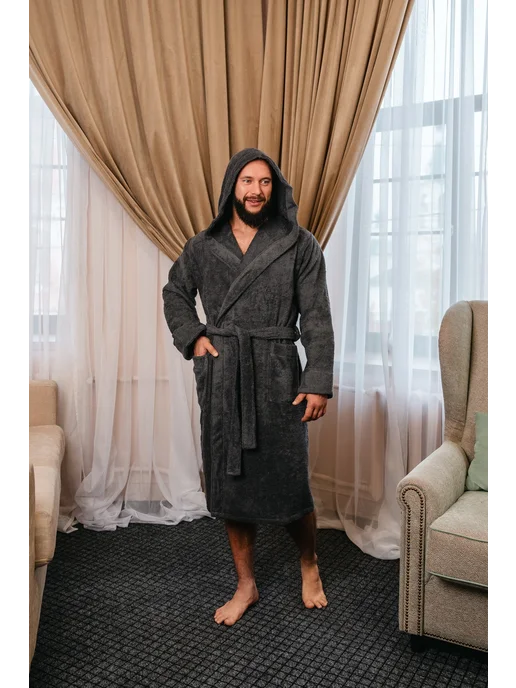 BIO-TEXTILES Халат махровый с капюшоном домашний теплый банный, серый, фото 3