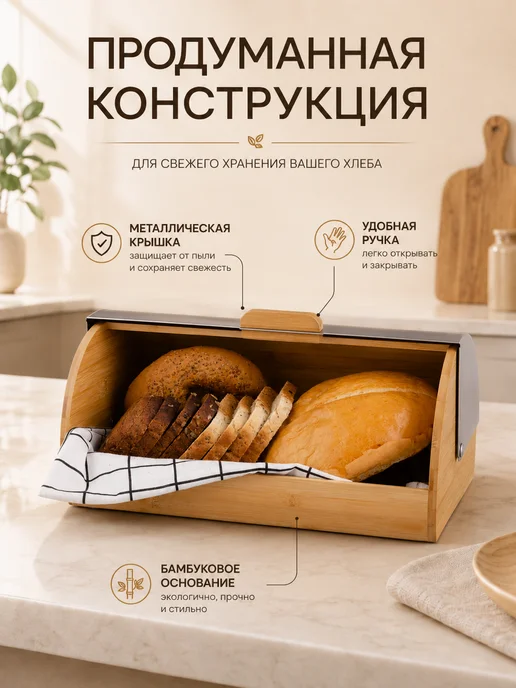 feel Maestro at home Хлебница деревянная бамбук с металлической крышкой черная, 36x22x17.5 см, фото 4