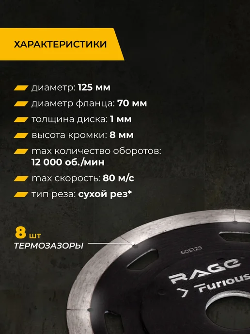 Rage Furious Диск алмазный по керамограниту сплошной NON-STOP 125 мм, NON-STOP 125, фото 3