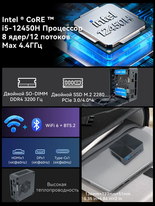BRENUC Мини пк, Intel core i5-12450H, 16+2048Gb, 2048 ГБ, фото 2