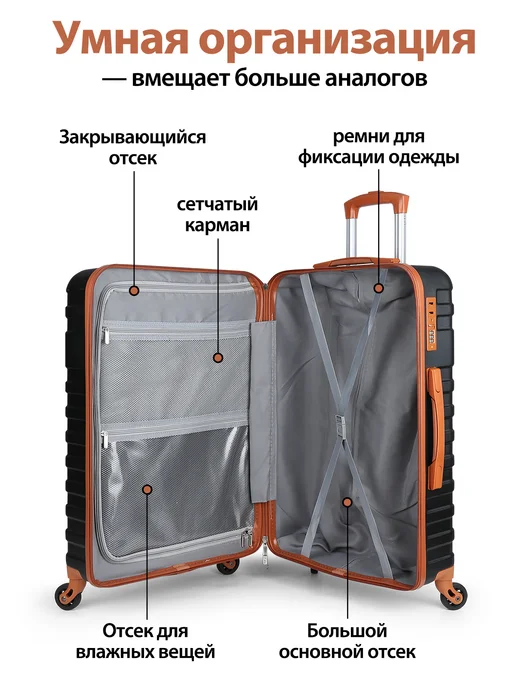 Hakimi Чемодан на колесах L, набор 3 в 1 сумка и косметичка, черный, фото 6