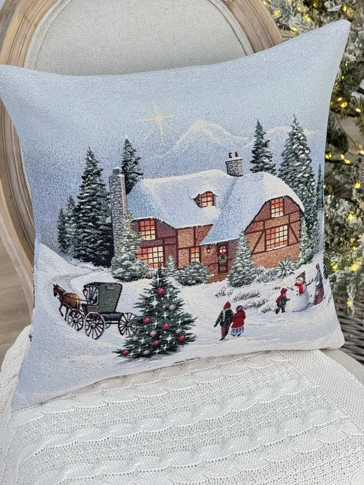 GOBIHOME NEW YEAR Наволочка гобеленовая Вечер Рождества голубой 45х45 см, 45x45 см, фото 8