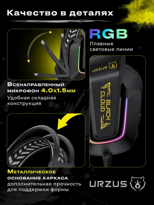 URZUS Наушники игровые с микрофоном для ПК Black Cloud UR-5524114, черный, фото 3