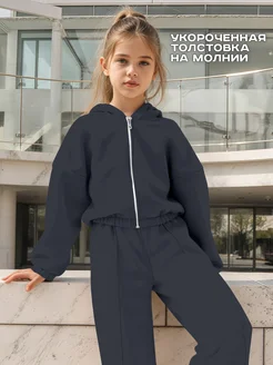 Теплый костюм для девочки с начесом на молнии палаццо KETMIN. Цвет серый. Вид 2.