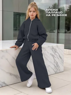 Теплый костюм для девочки с начесом на молнии палаццо KETMIN. Цвет серый. Вид 3.