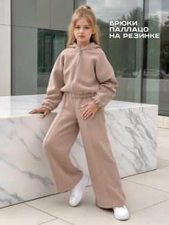 Теплый костюм для девочки с начесом на молнии палаццо KETMIN. Цвет бежевый. Вид 3.