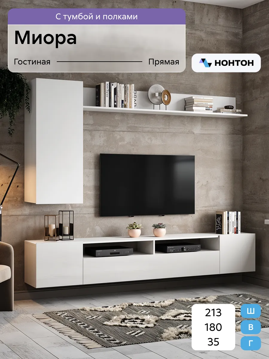 Стенка Миора, 213x35x180 см (Белый, Белый глянец)