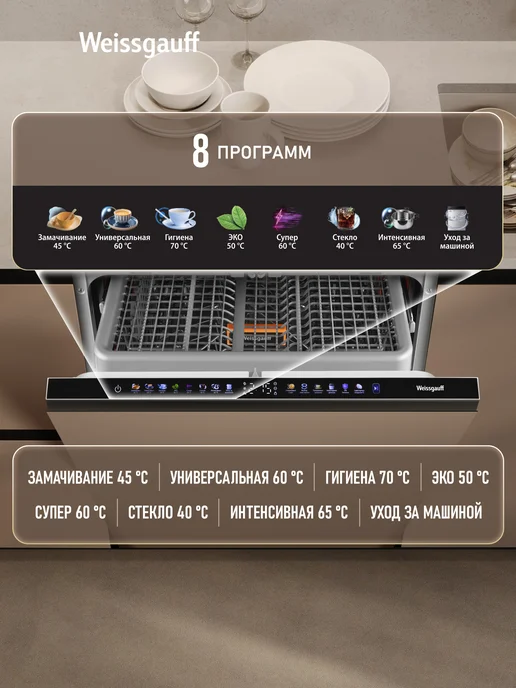 Weissgauff Посудомоечная машина Полноразмерная 60 см BDW 6138 Touch Inverter Autoopen Timer Floor, с Инвертором, Проекцией времени на полу и Авто-открыванием, 3 корзины, 15 комплектов, Быстрый режим, "Гигиена", Интенсивная программа, Функция Ультрафиолет, Самоочистка, Дозагрузка посуды, черно-серый, серебристый, серый, встраиваемая, фото 2