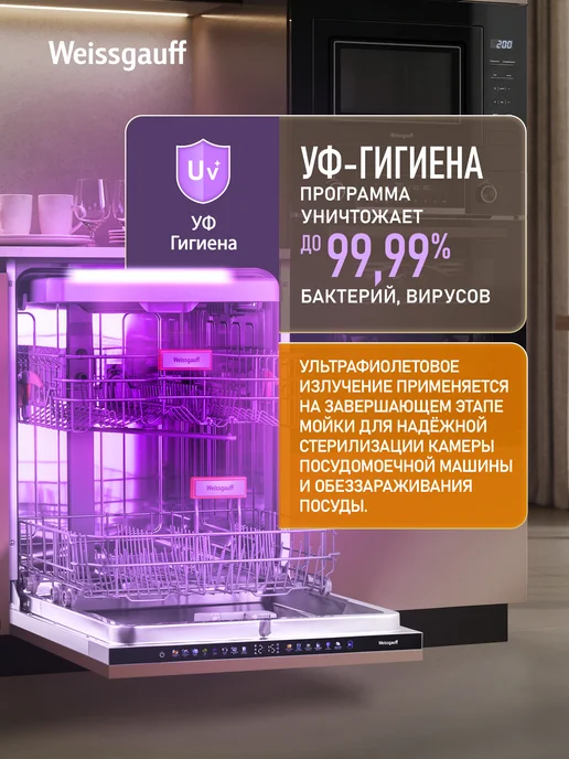 Weissgauff Посудомоечная машина Полноразмерная 60 см BDW 6138 Touch Inverter Autoopen Timer Floor, с Инвертором, Проекцией времени на полу и Авто-открыванием, 3 корзины, 15 комплектов, Быстрый режим, "Гигиена", Интенсивная программа, Функция Ультрафиолет, Самоочистка, Дозагрузка посуды, черно-серый, серебристый, серый, встраиваемая, фото 8