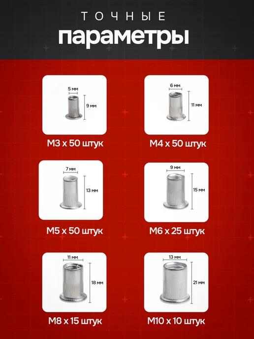 xPro Набор заклепок резьбовых, М3-М10, 200шт, бел. цинк, 200 шт, фото 3