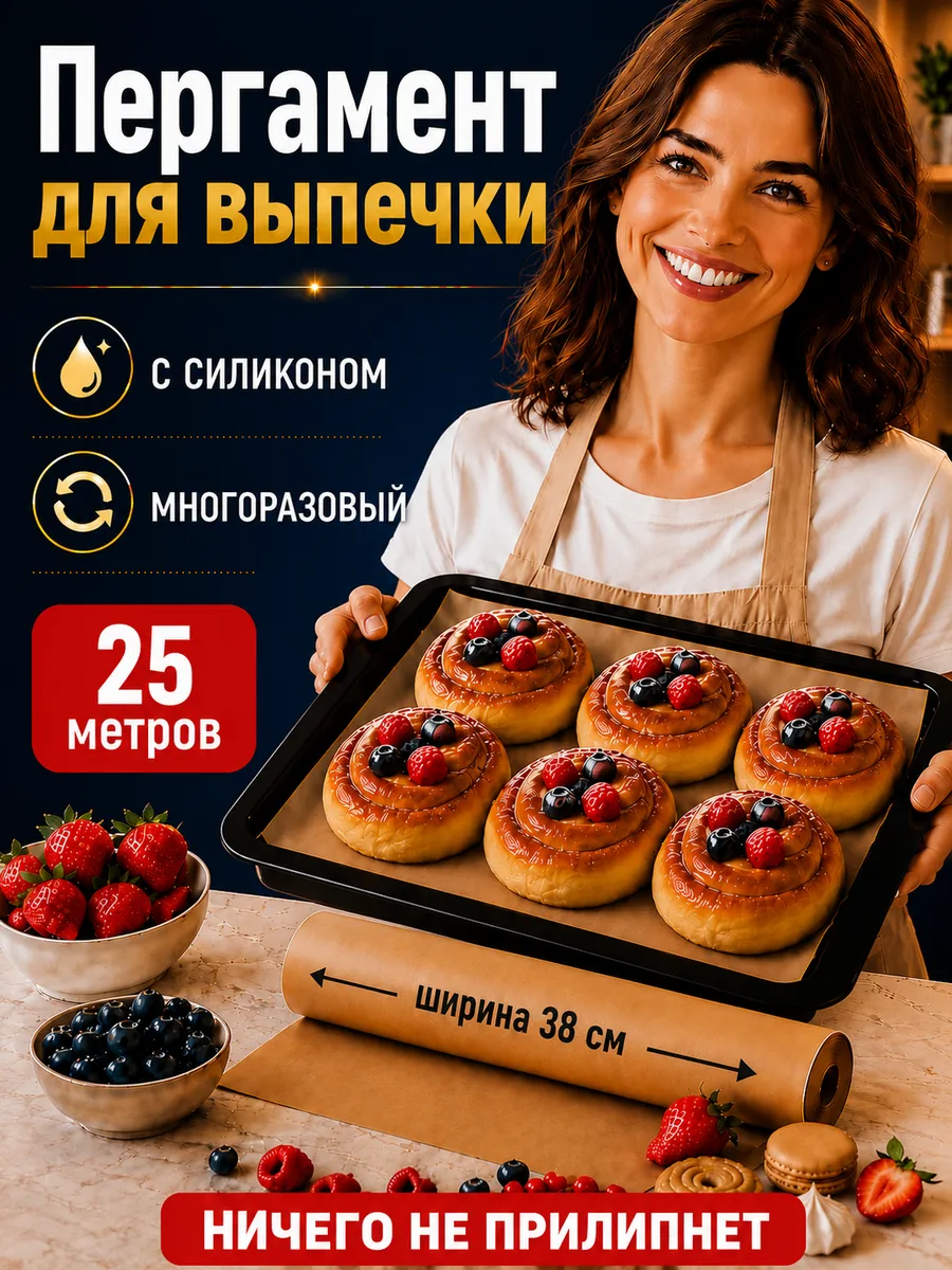 Бумага для выпечки силиконизированная пергамент 25 м, 1 рул.