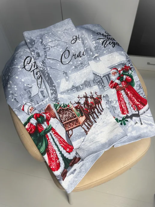 GoodMarketTEXTILE Полотенца новогодние кухонные набор 3 штуки рогожка 60х47 см, 60x47 см, фото 3