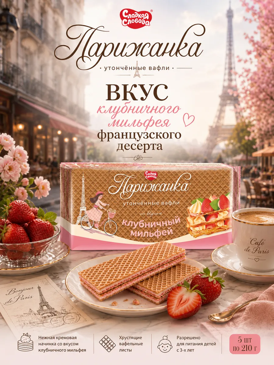 Вафли Парижанка со вкусом клубничный мильфей 5 шт по 210 гр