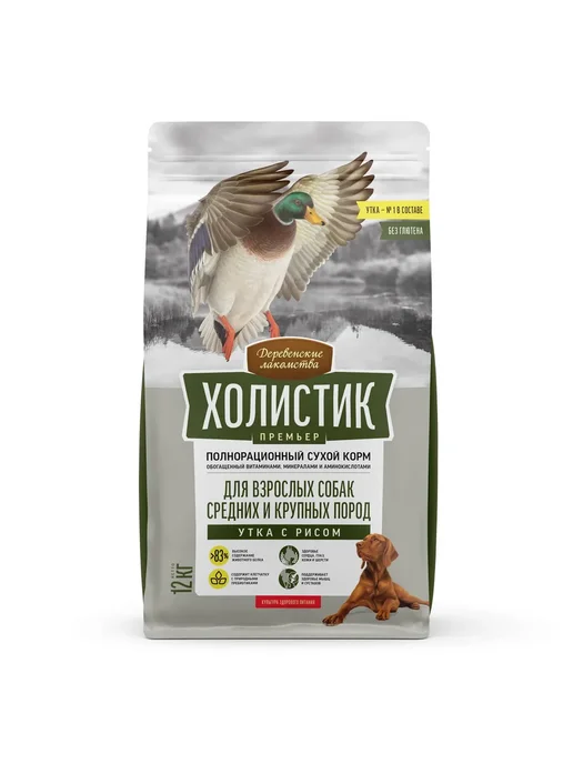 Сухой корм Деревенские лакомства для собак, крупные, средние, утка, 12 кг