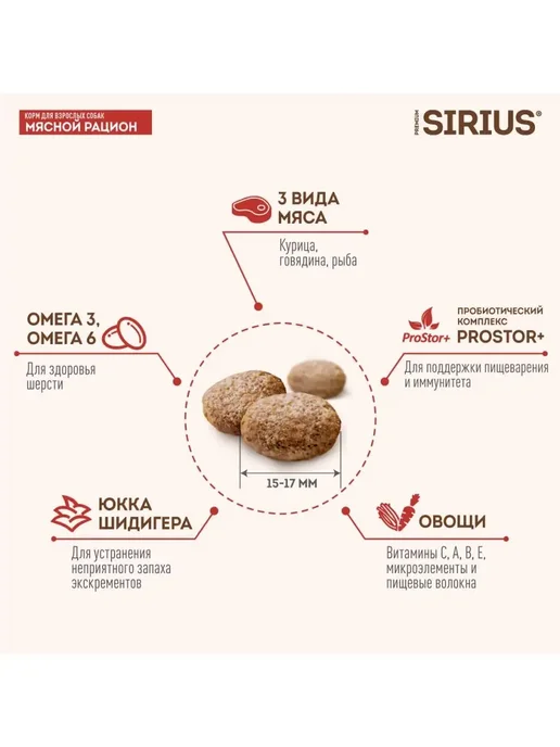 Сухой корм SIRIUS Сириус Рацион для собак, мясо, 15 кг, фото 2