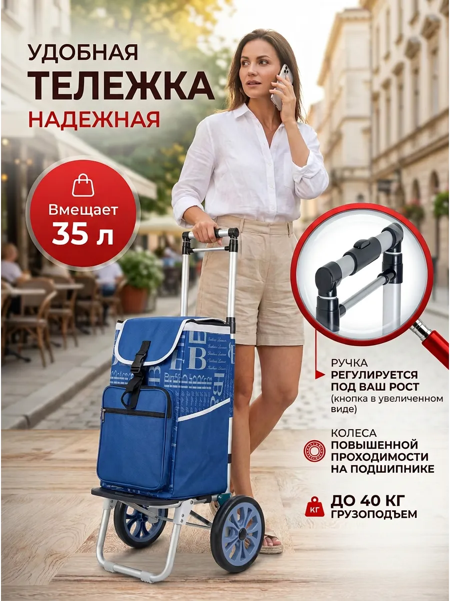 Сумка-тележка хозяйственная с кнопкой синяя