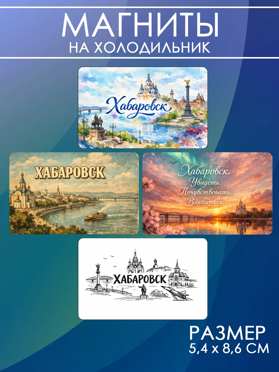 Магниты Хабаровск. 4 шт размером 5,4*8,6 см.