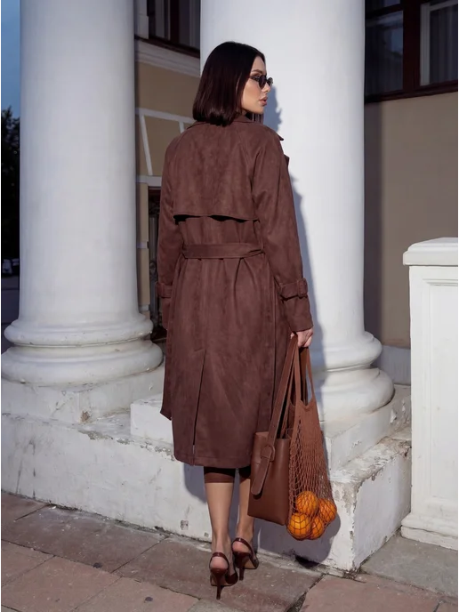 TRENDWALK Замшевый тренч плащ длинный, коричневый, фото 4