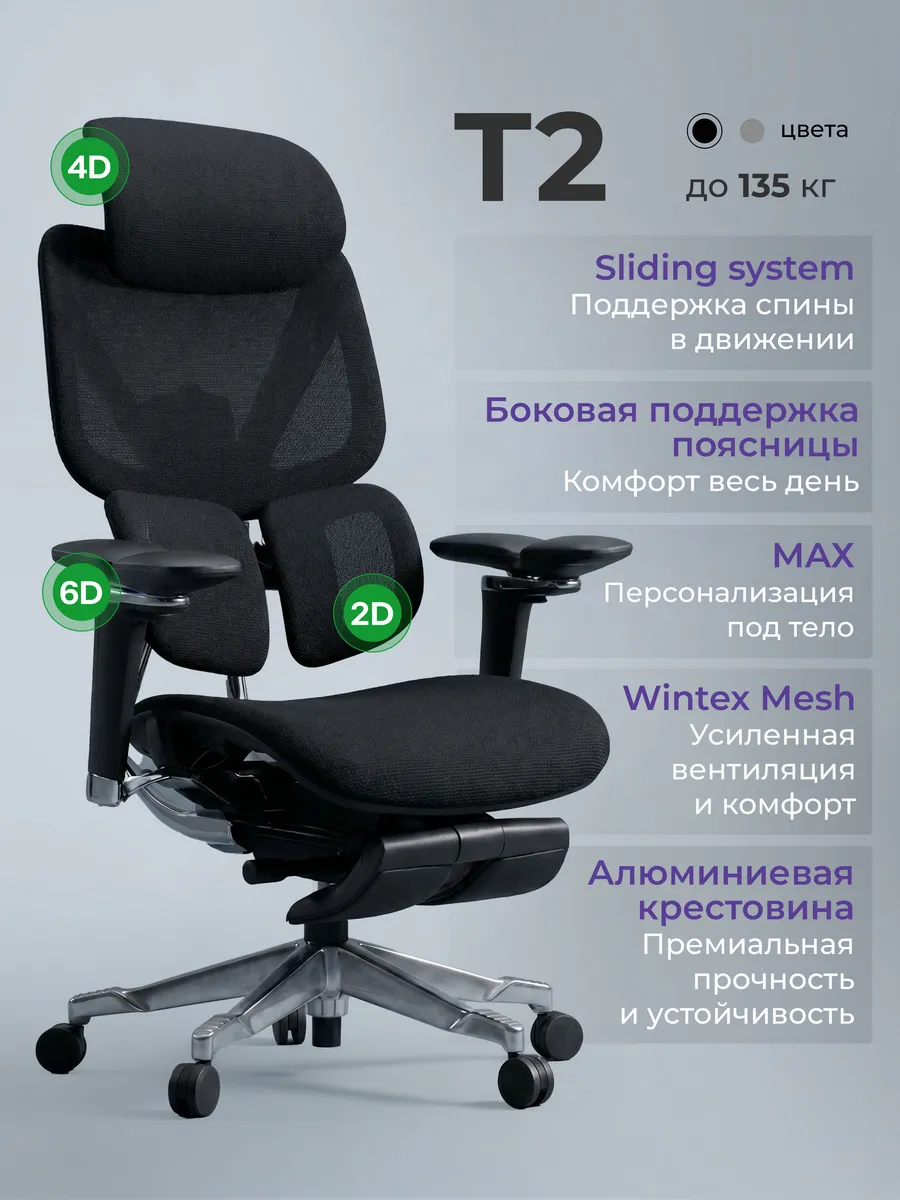 Кресло компьютерное эргономичное с подставкой T2 Black
