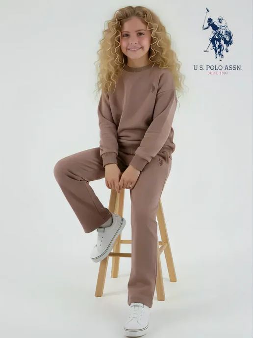 U.S. Polo Assn. Костюм спортивный для девочки с начесом теплый, бежевый
