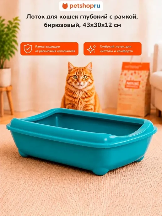 PetShop Туалет для кошек глубокий, бирюзовый, 43x30x12см, 43x30x12 см