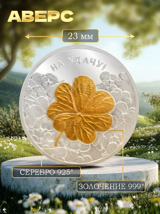 Волго-Вятский монетный двор Монета клевер подарок на удачу серебро 925, серебристый, фото 2