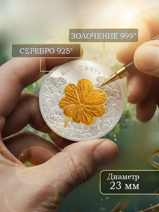 Волго-Вятский монетный двор Монета клевер подарок на удачу серебро 925, серебристый, фото 4