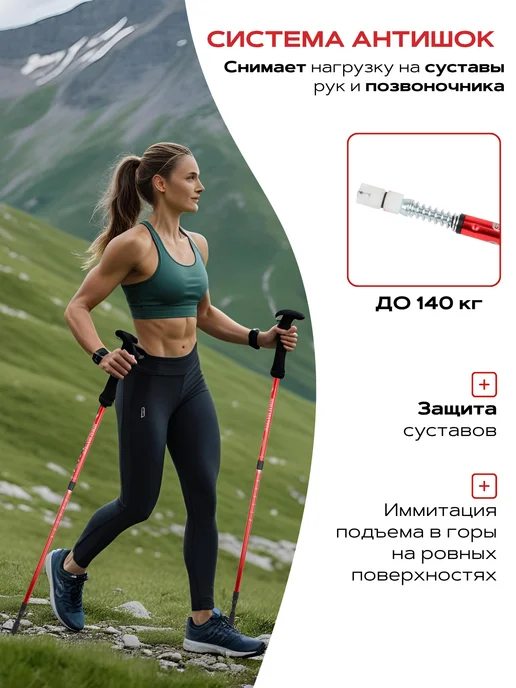 Палки для скандинавской ходьбы и трекинга телескопические, красный, фото 2