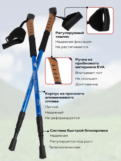 Палки для скандинавской ходьбы и трекинга телескопические, синий, фото 3