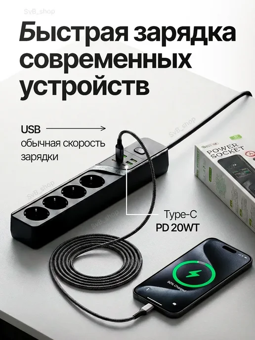 ВП-Электрик Сетевой фильтр удлинитель 4 розетки USB Type-C 3000 Вт, 3000 Вт, фото 6