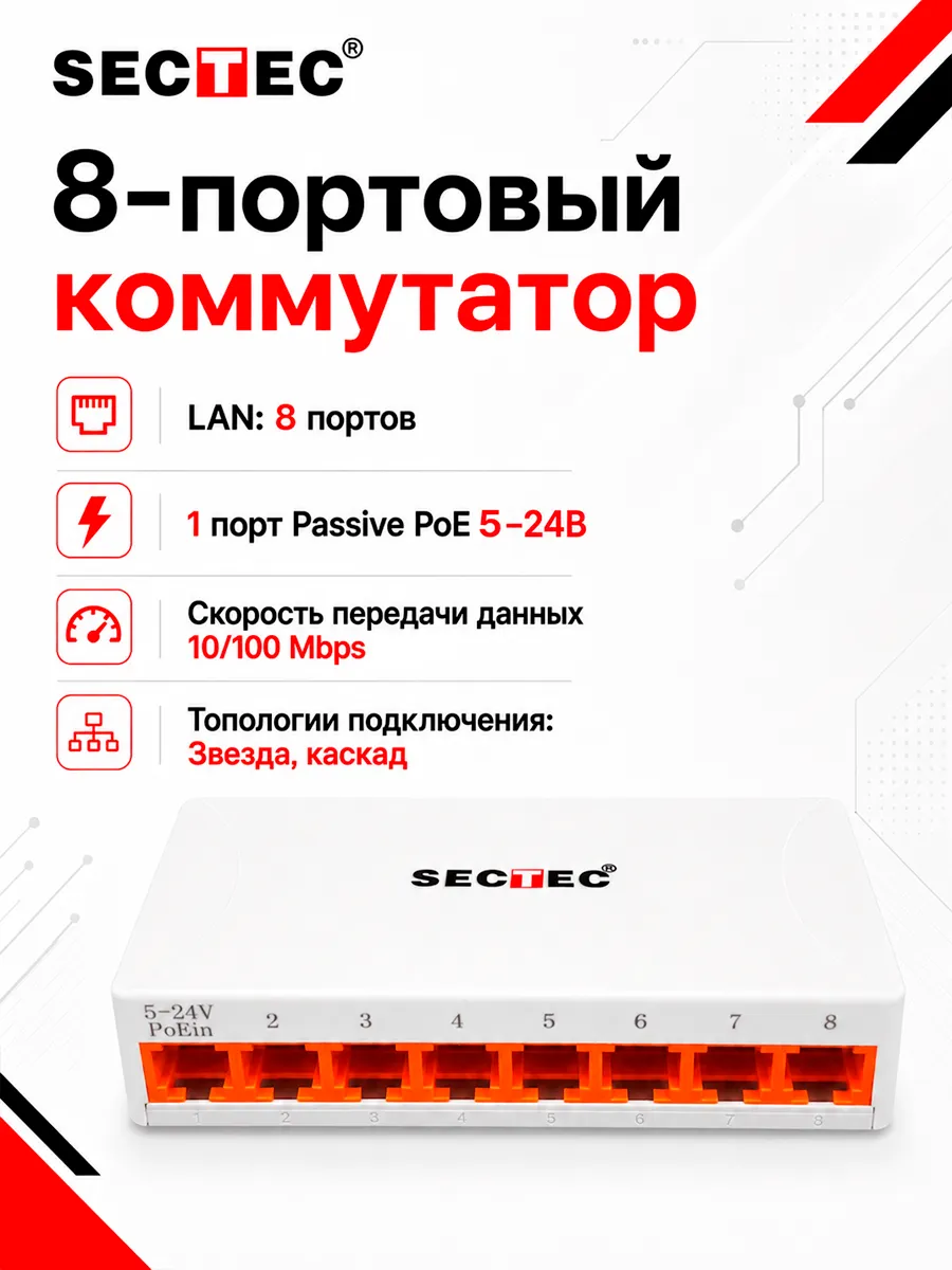 Коммутатор 8 портов 10/100Mbps 12в 1 passive poe 12-24в