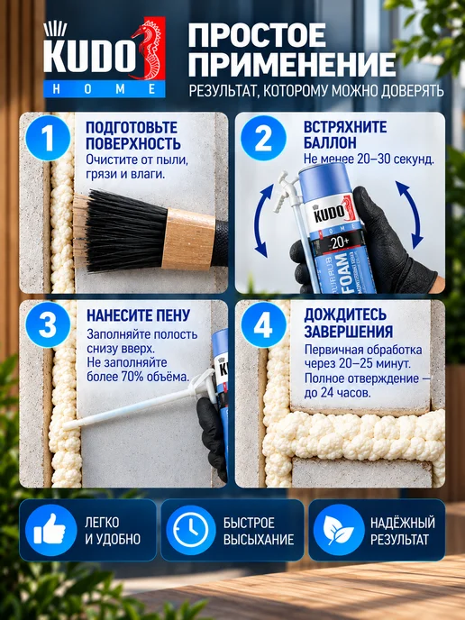 KUDO Пена монтажная бытовая всесезонная HOME 20+, 650 мл, фото 4