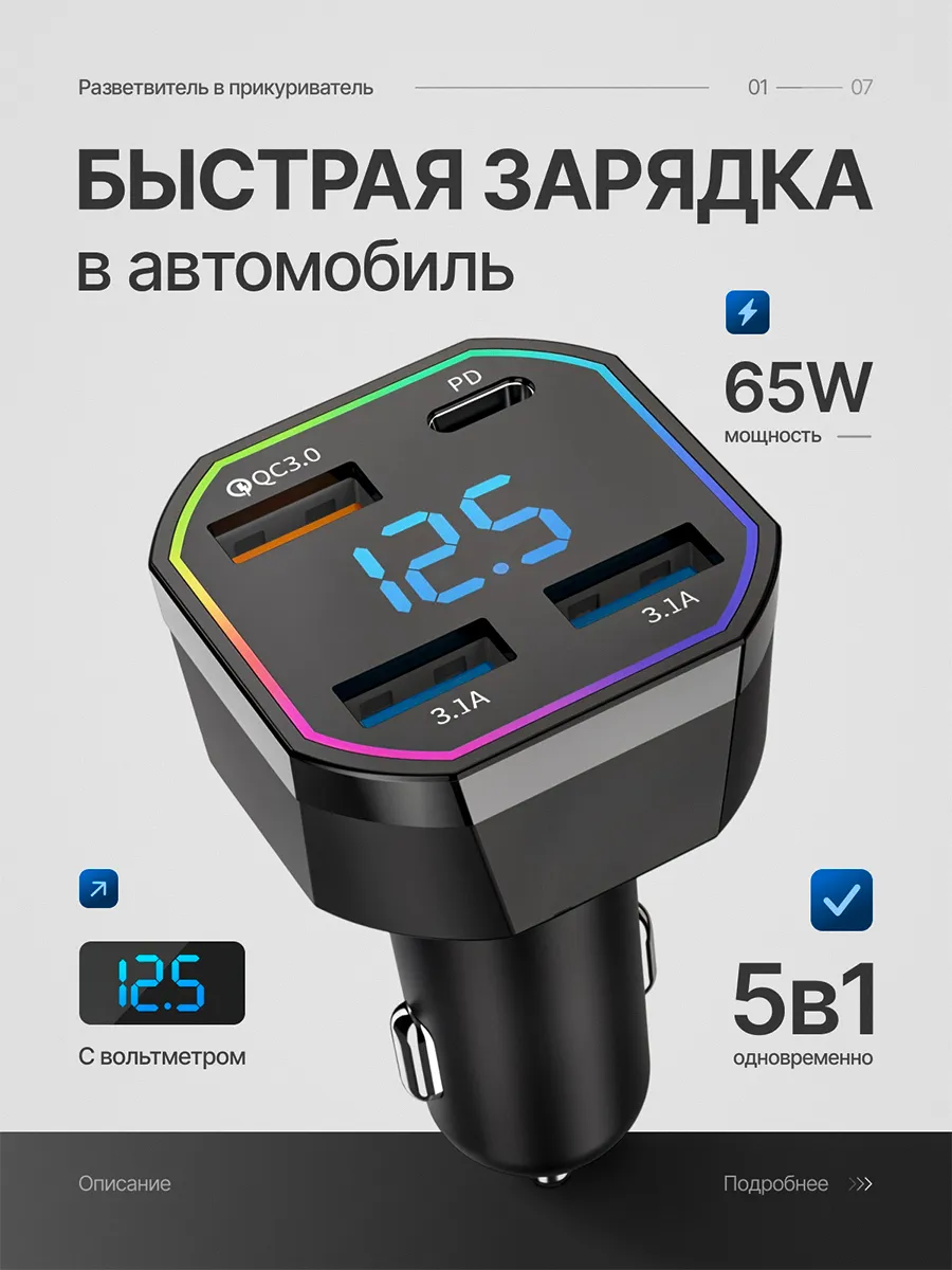 Автомобильная быстрая зарядка 65W в прикуриватель для авто