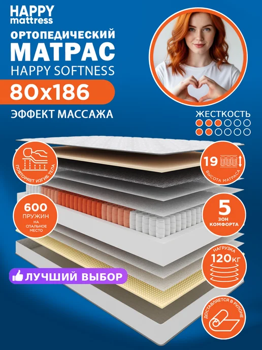 HAPPY MATTRESS Матрас HAPPY SOFTNESS 80х186 см ортопедический, 80x186 см