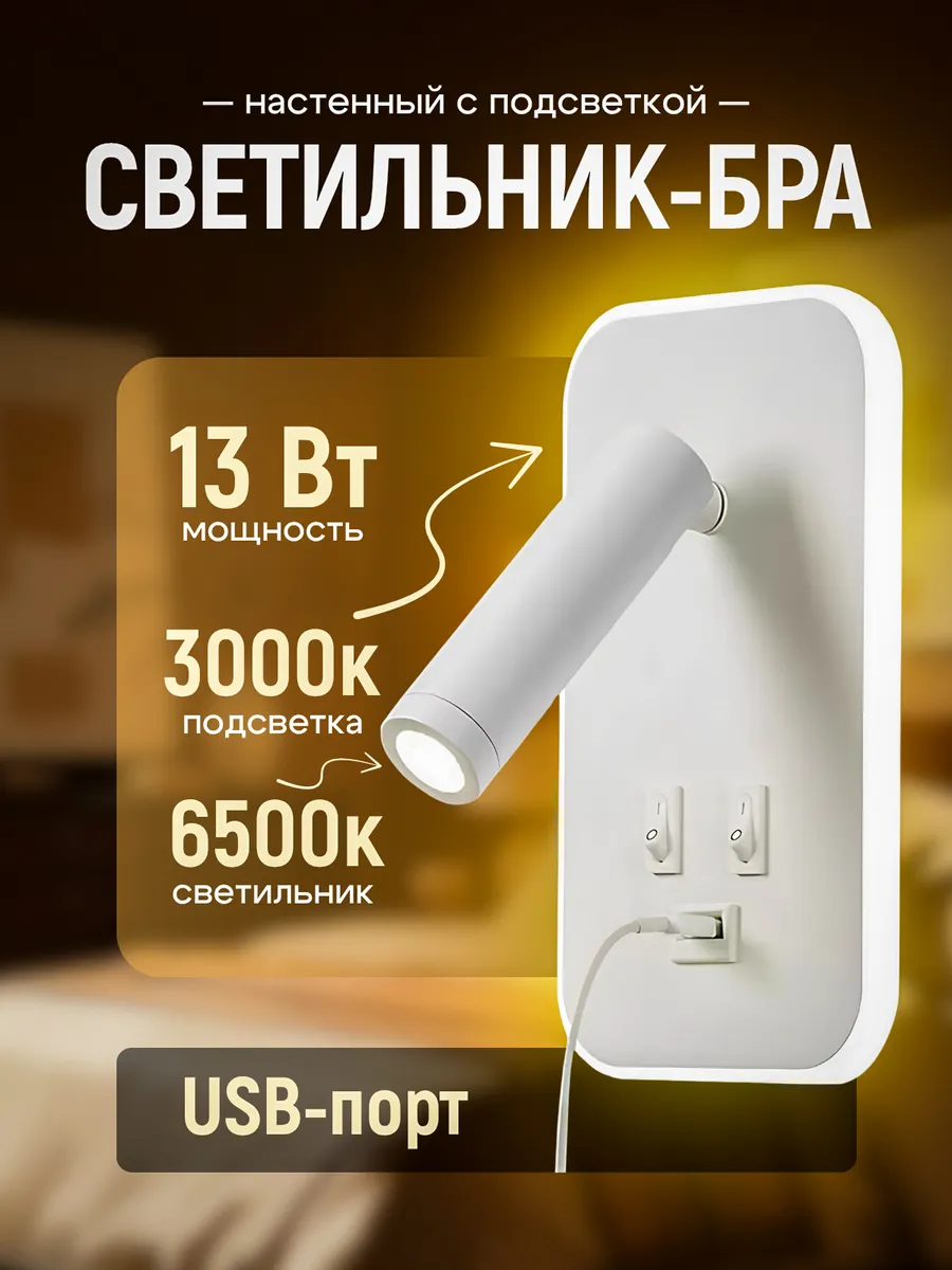 Светильник настенный бра с выключателем подсветкой и USB