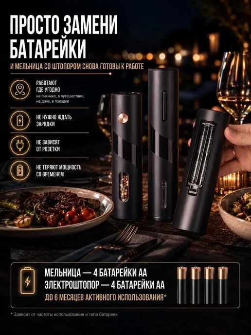Мир ПОДАРКОВ Электрические мельницы для специй и штопор, черный, фото 7