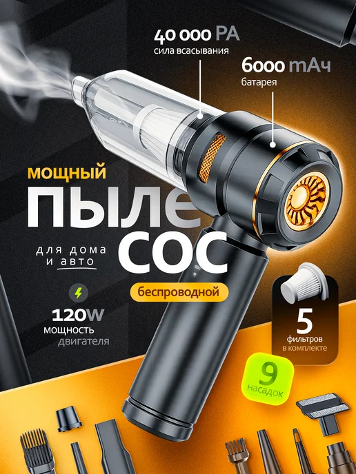INVISIA Пылесос для автомобиля беспроводной мощный ручной, черный, фото 2