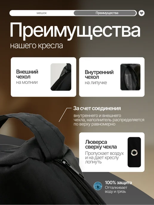 Amiran21 Бескаркасное кресло мешок XXL, черный, фото 2