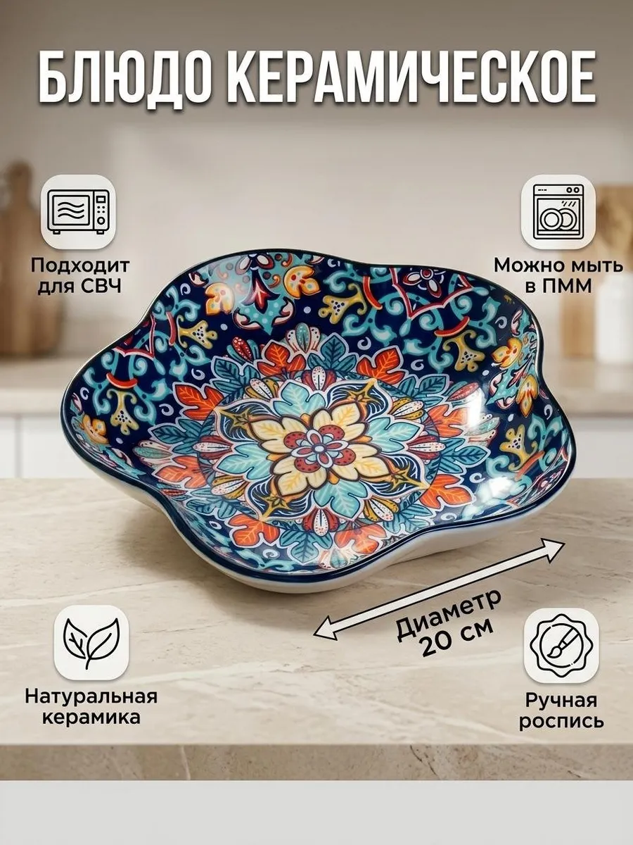Керамическое блюдо 20 см синее с рисунком для сервировки