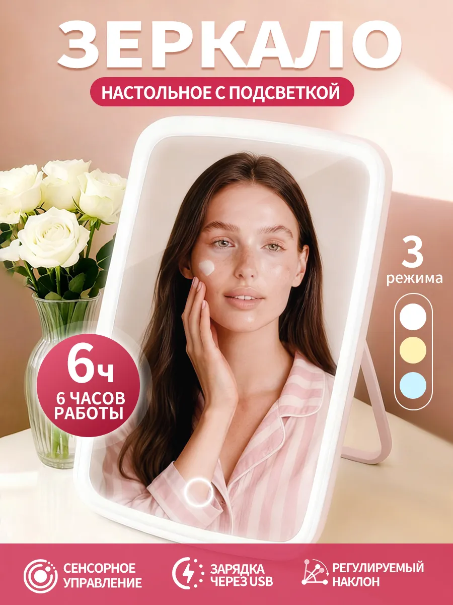 Зеркало с подсветкой для макияжа LED, 22х16 см,розовый