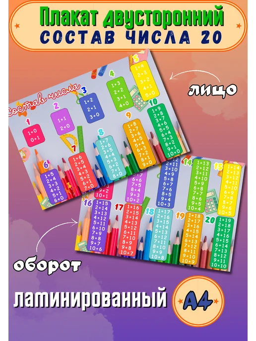 MIDOV Плакат А4 Состав числа до 20 двусторонний, синий