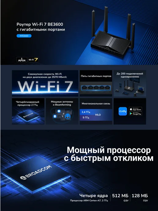 Cudy Роутер Wi-Fi WR3600 3570 Мбит с, 2.4 5 ГГц, Wi-Fi 7 BE3600, черный, фото 2