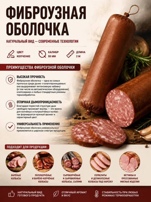 Весёлый колбасник Фиброузная оболочка бесцветный 50 мм для колбас - 10М, вариант