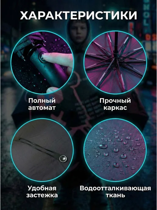 MALESANTA Зонт детский складной автомат с принтом медведя, черный, фото 3