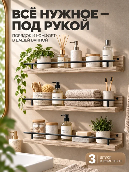 ПолкиНО Полка настенная для ванной прямая деревянная для цветов, коричневый, фото 3