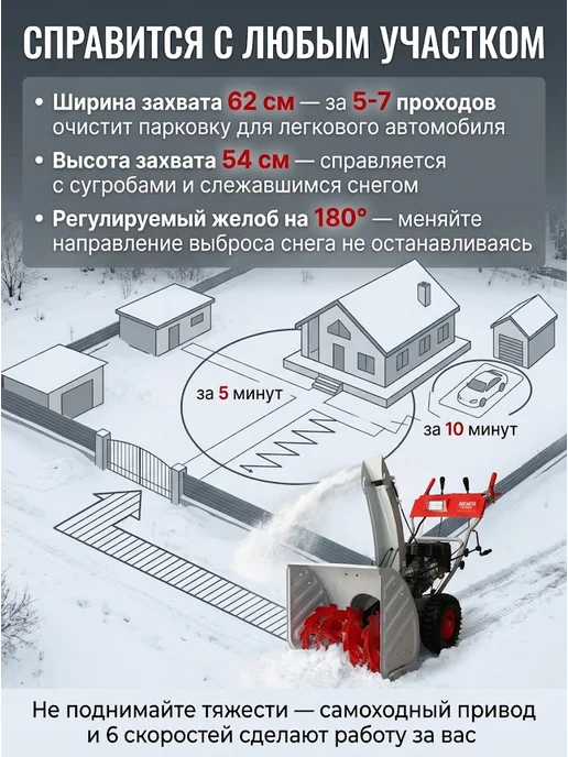 Снегоуборщик бензиновый самоходный на колесах СБ 6000Э — фото 3
