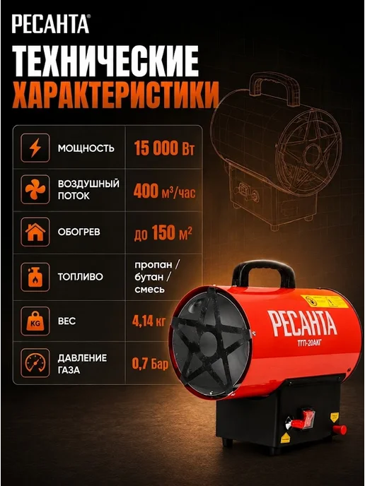 Пушка тепловая газовая для гаража ТГП-20АКГ — фото 4